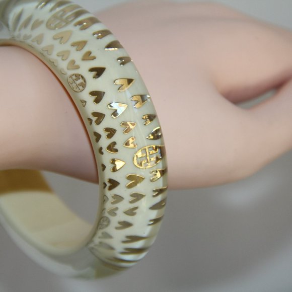 Tory Burch Clear, Ivory Lucite Gold Heart Bangle - Picture 4 of 12